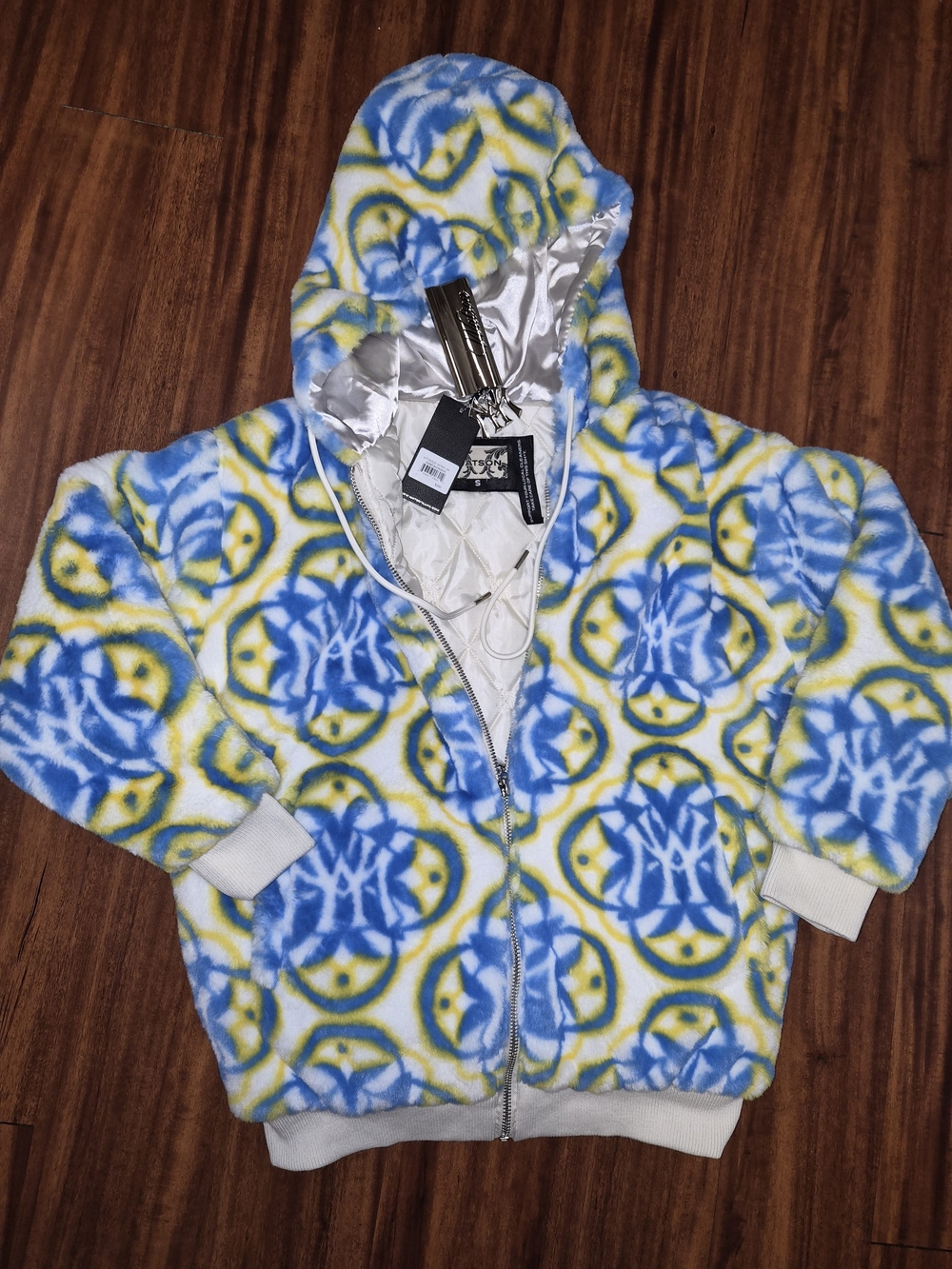 Lightweight Hooded Zip Jacket in Blue, Yellow & White